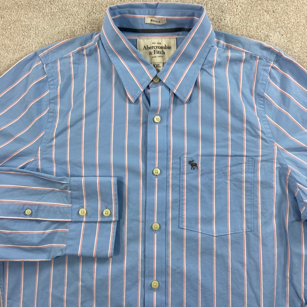 Abercrombie & Fitch Button Down Shirt Mens XXL Blue Pink Striped Muscle Fit Long